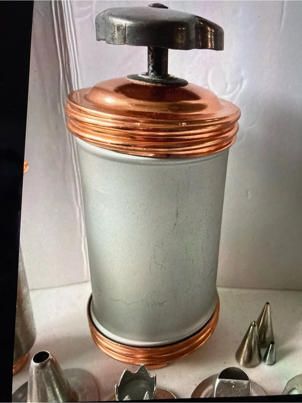 Vintage Mirro Copper-Accent Silver Cookie Press Set with Nozzles & Discs